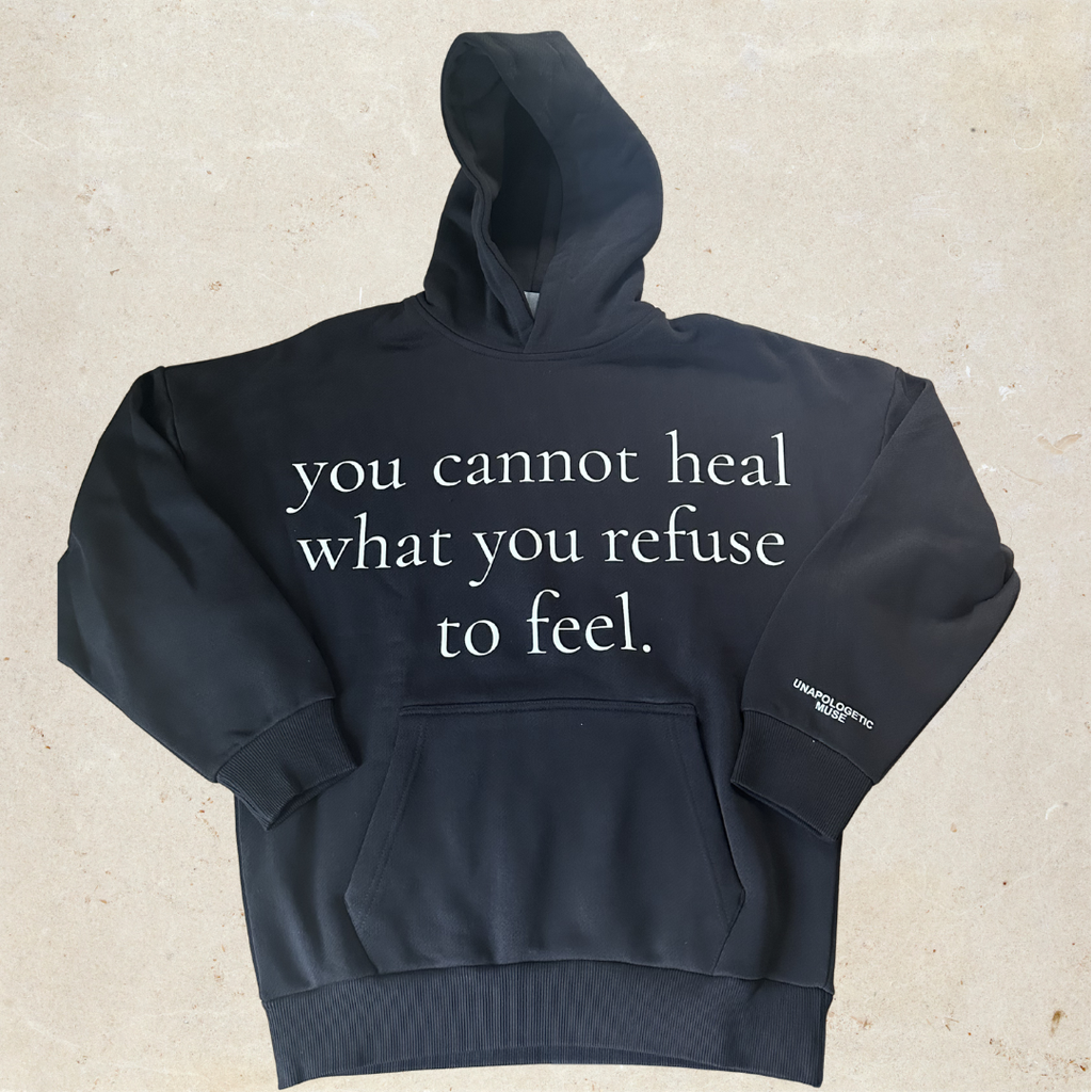 Black hoodie with motivational text on the front