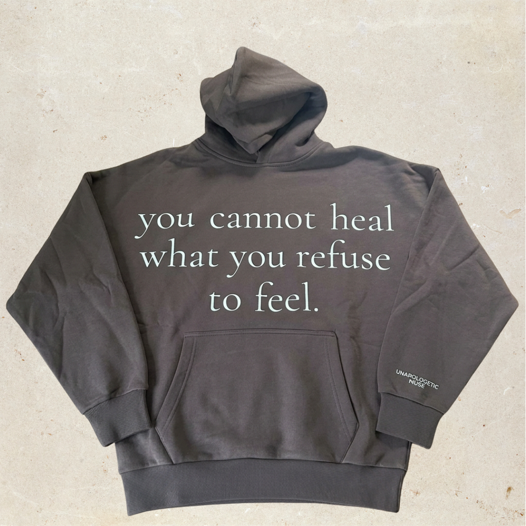 Brown hoodie with motivational text on the front.