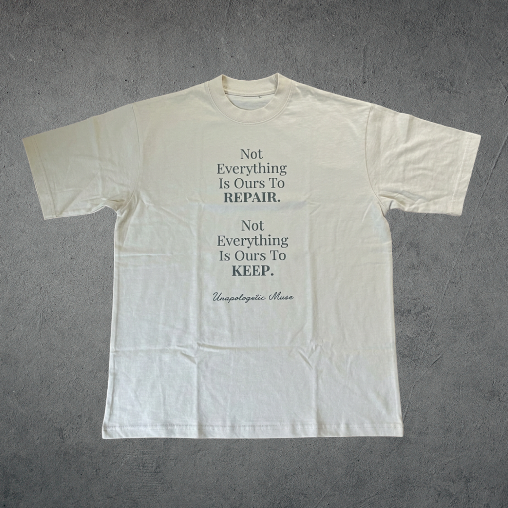 pale off white t-shirt with text on the back