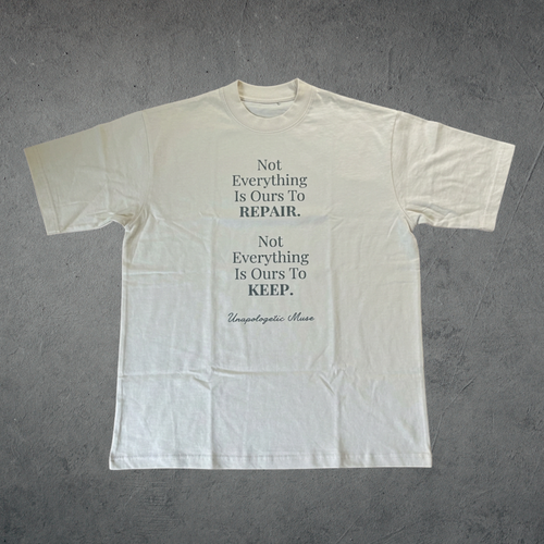 pale off white t-shirt with text on the back